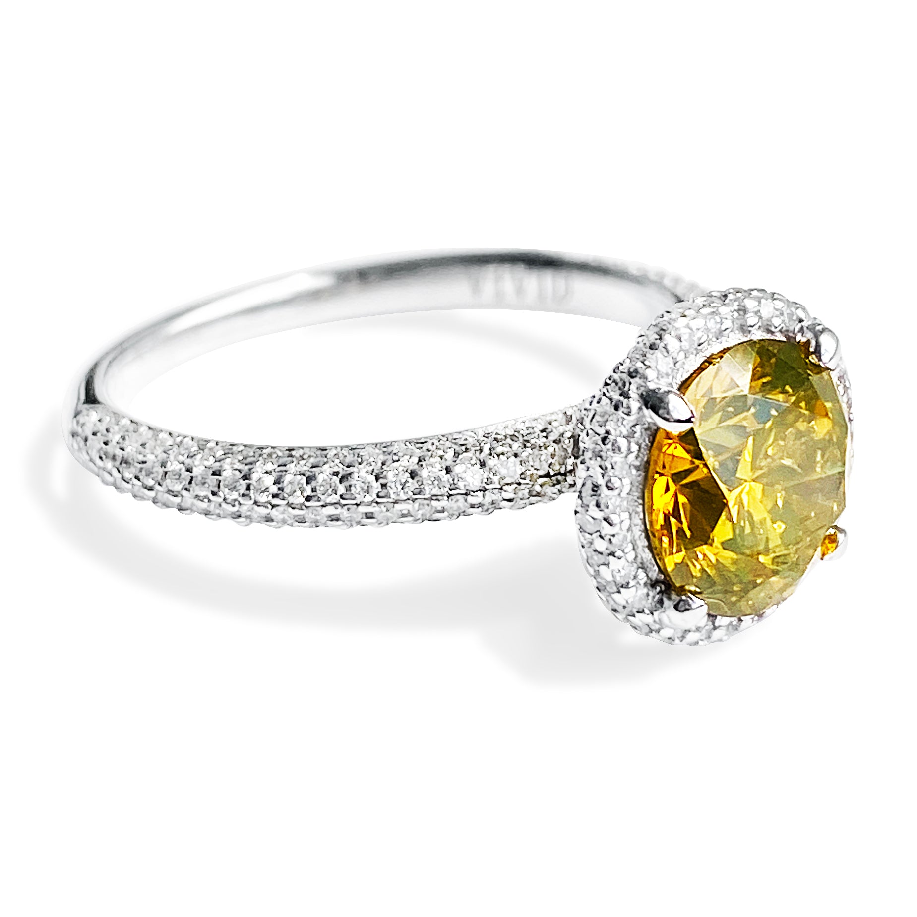 1.89 Carat Fancy Yellow Round Brilliant Diamond Halo Ring
