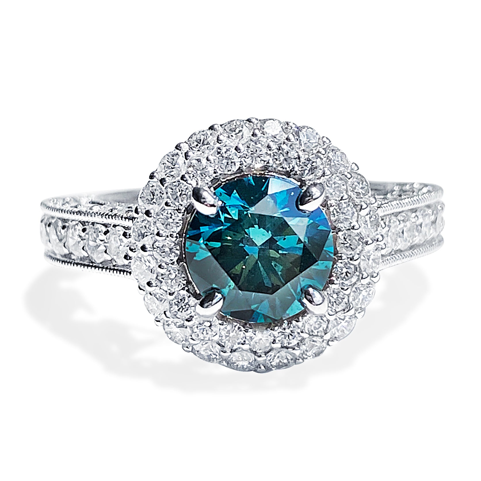 1.51 Carat Fancy Blue-Green Round Brilliant Diamond Halo Ring