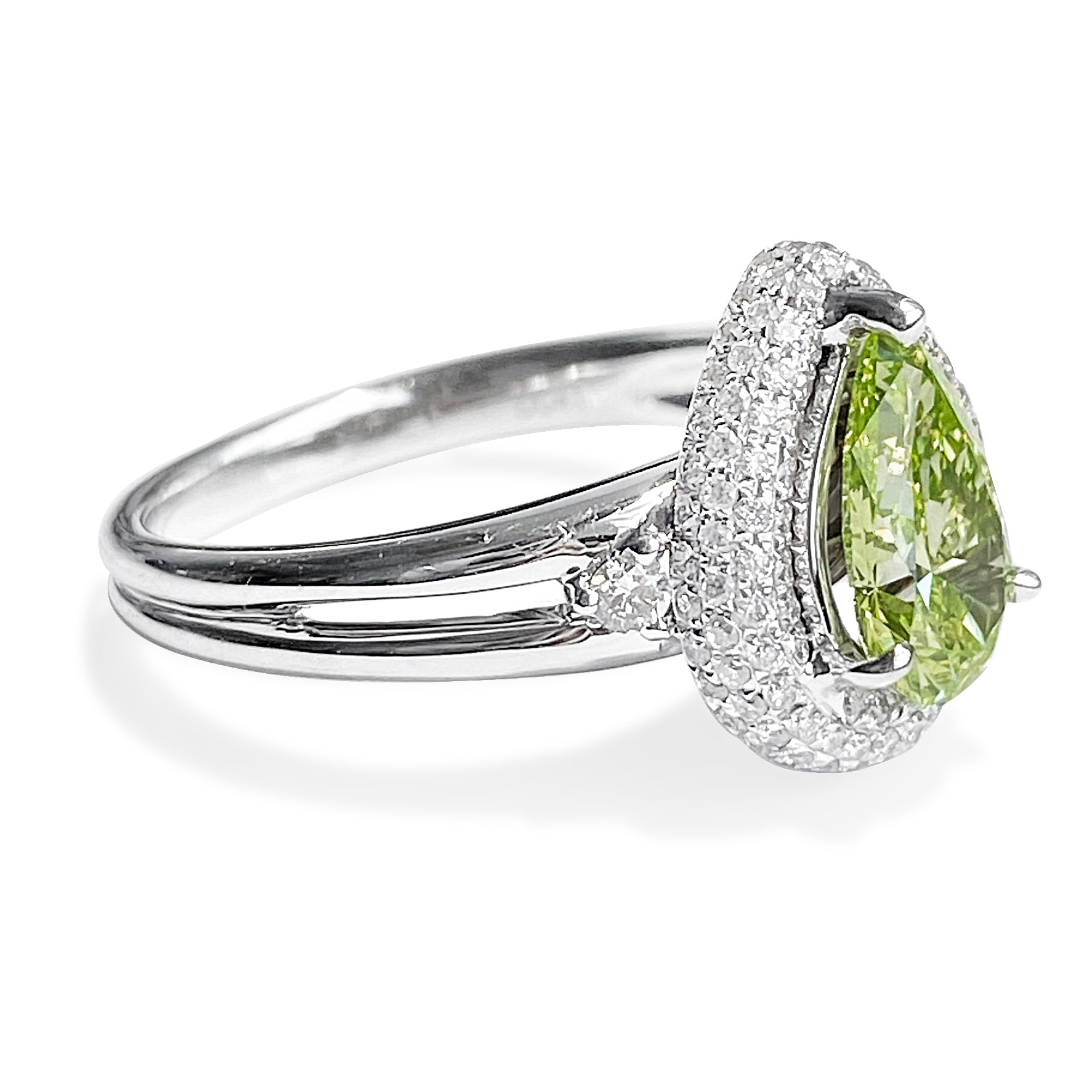 1.11 Carat Fancy Yellow-Green Pear Shape Diamond Halo Ring