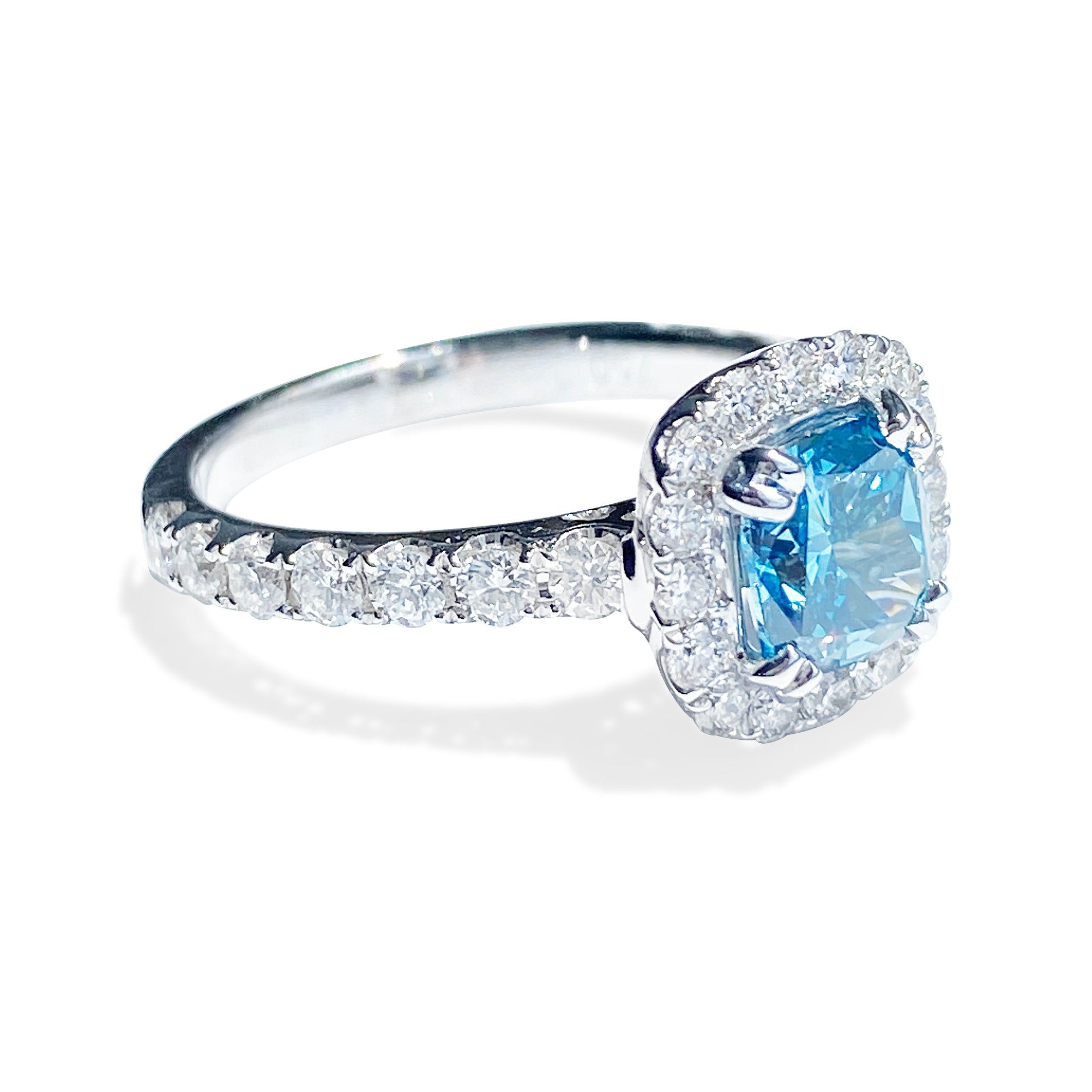 1.20 Carat Fancy Blue Cushion Diamond Halo Ring