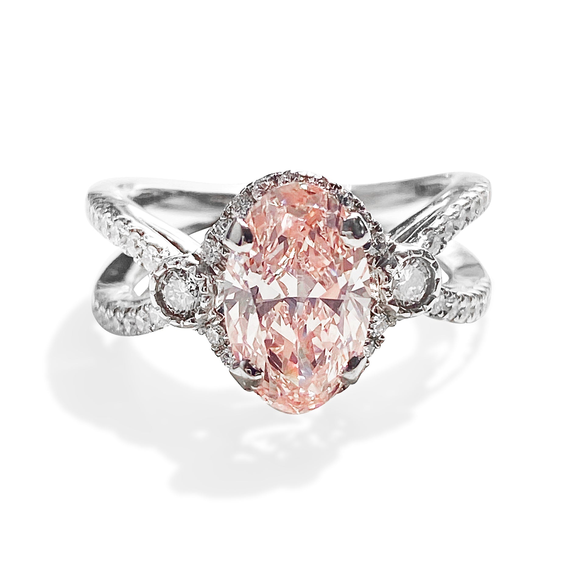 1.49 Carat Pink Oval Diamond Split Shank Halo Ring